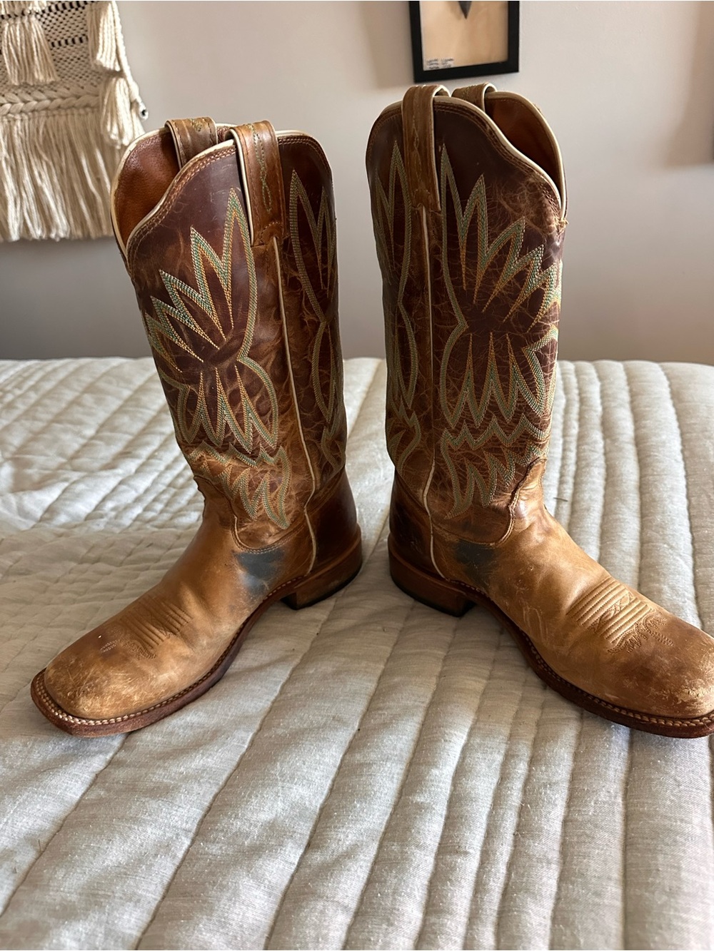 Tony Lama Brown Leather Western Heeled Boots with Green Stitching - Picture 6 of 10